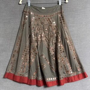 Vintage Bizz Skirt S Green Cotton Metal Beaded Festival Ren‎ Fair Gypsy Midi